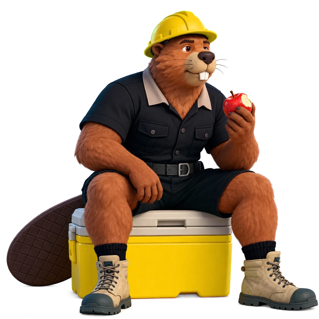 Boberbot, a beaver in a yellow hard hat and black workwear, sitting on a yellow cooler eating an apple